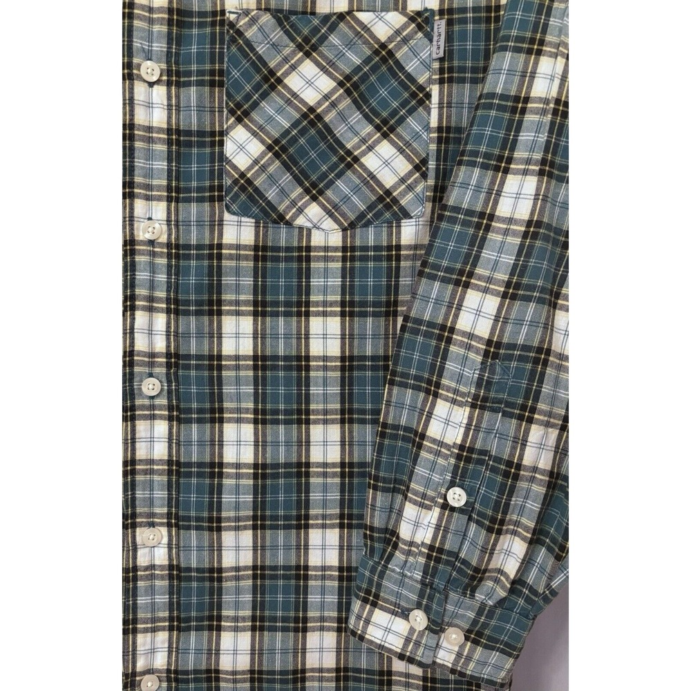 Carhartt Rugged Flannel Shirt Button‎ Up Adult Large Green Blue Plaid Pockets - Picture 5 of 6